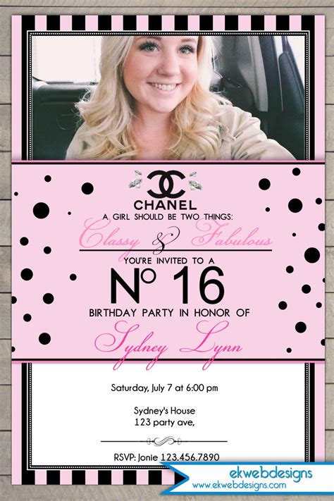 chanel sweet 16 party ideas|Chanel party invitations.